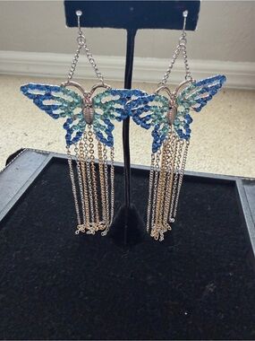 Blue Crystal Butterfly Dangle Earrings